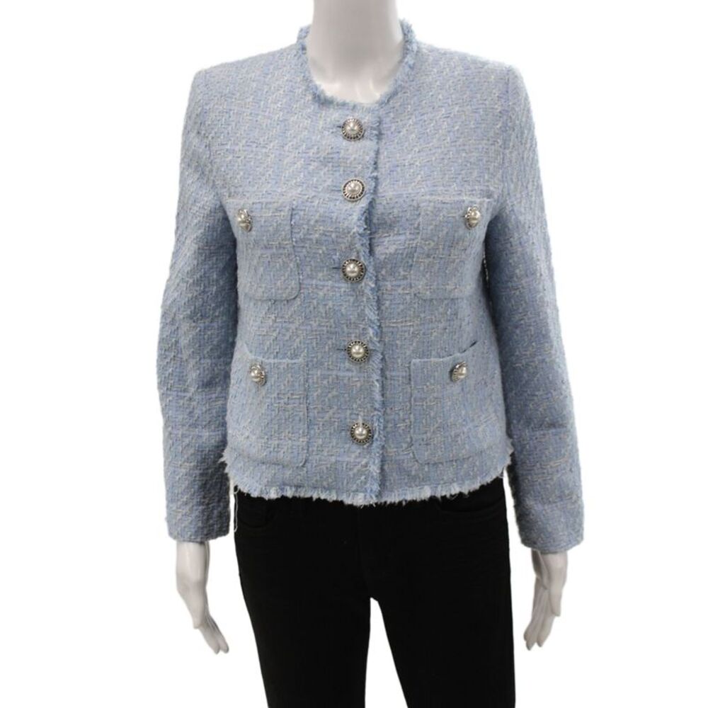 MNG Womens Blue Check Basic Jacket Button Long Sleeve Size S